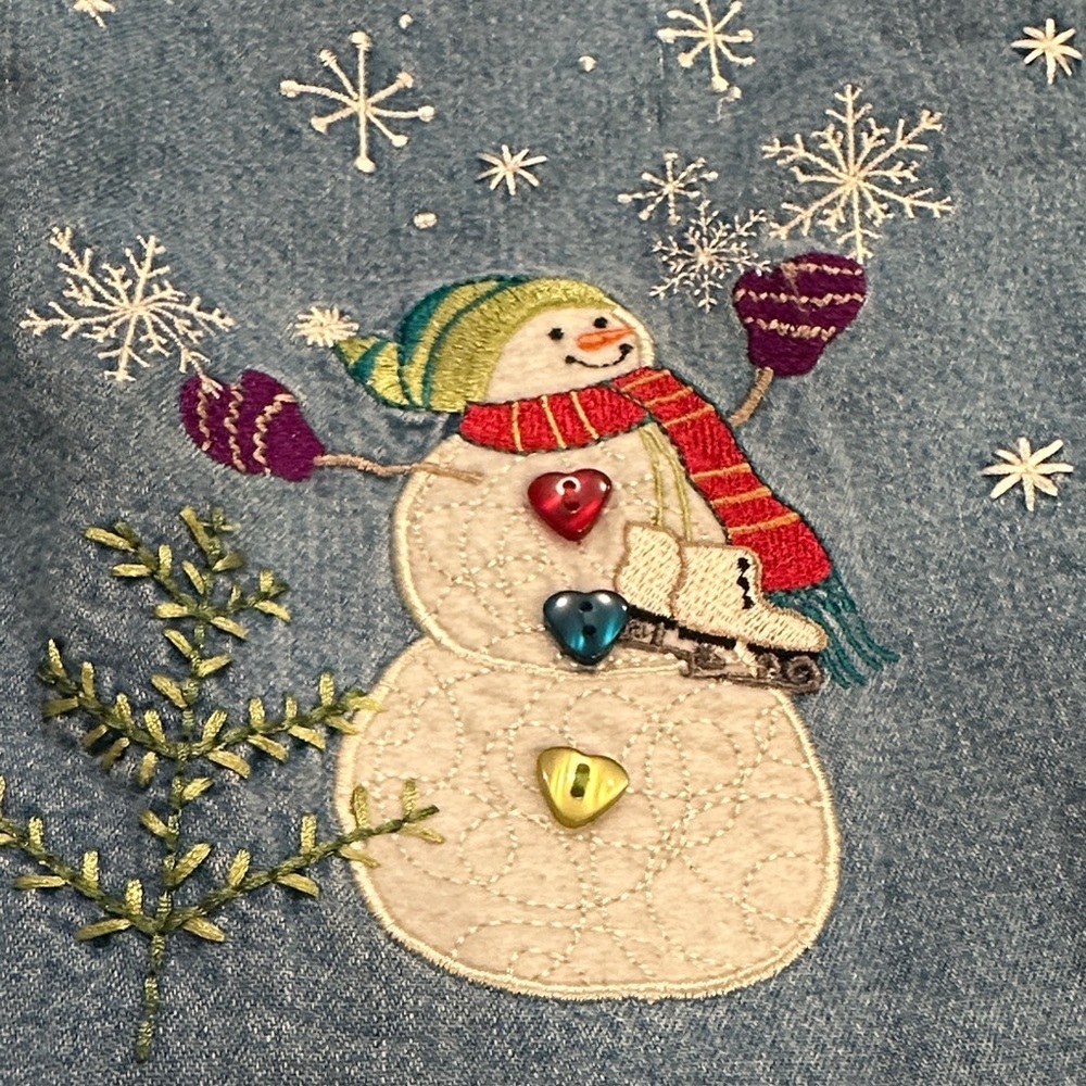 CJ Banks Blue Button Down Shirt with Snowman Embroidery - Picture 7 of 10